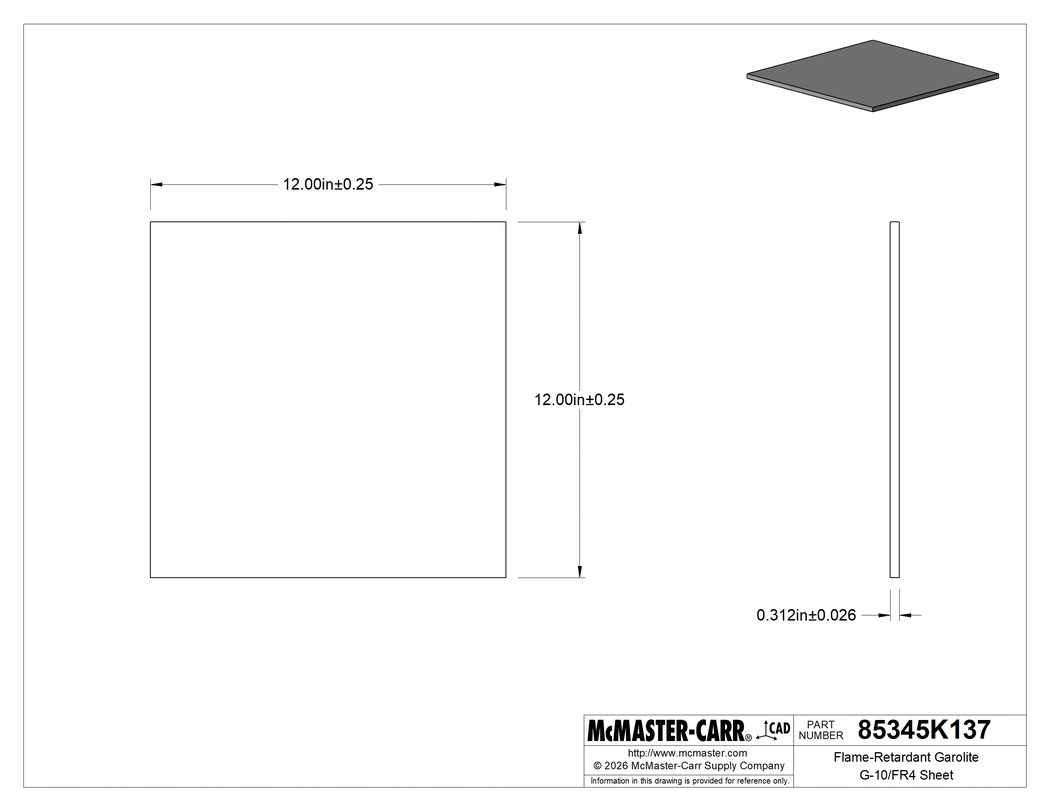 Technical Drawing of Flame-Retardant Garolite G-10/FR4 Sheet, Multipurpose, 12" x 12", 5/16" Thick, Black.
